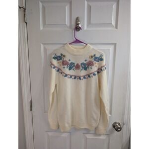 Alfred Dunner Vintage Floral Embroidered Mock Neck Sweater Cream - Size S
